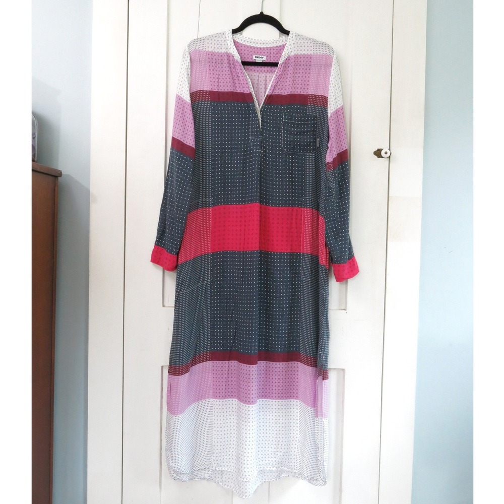DKNY Large Colorblock Maxi Dress Beach Cover Up Long Sleeve Color Block Midi